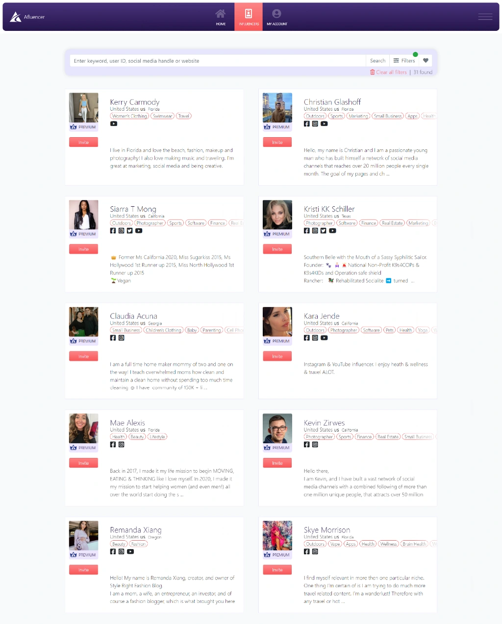 Influencer search using Afluencer app