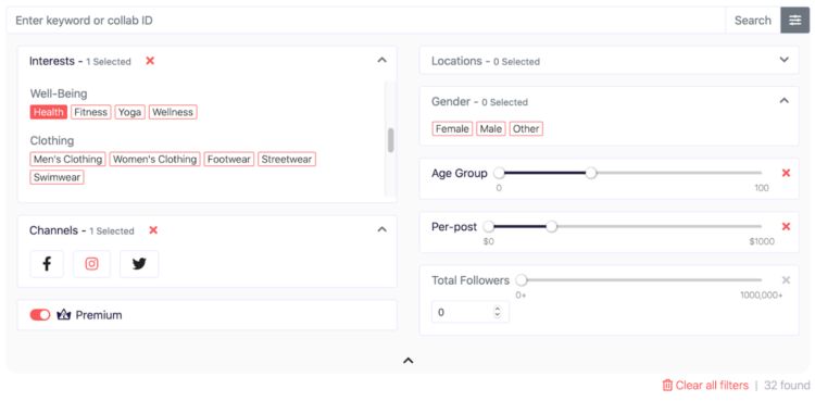 Afluencer dashboard - filter options for finding influencers
