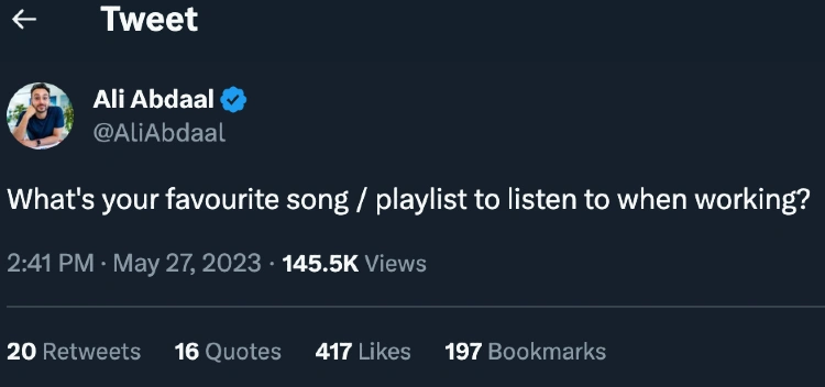 Ali Abdaal tweets asking followers for their favourite song or playlist