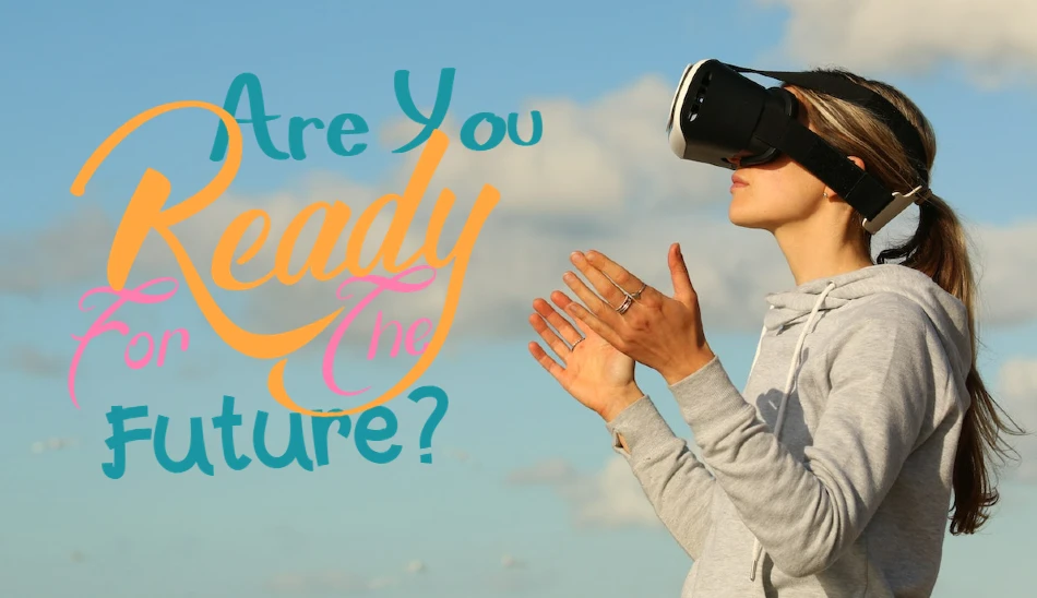 Girl wearing AR goggle with arms in air | Are you ready for the future