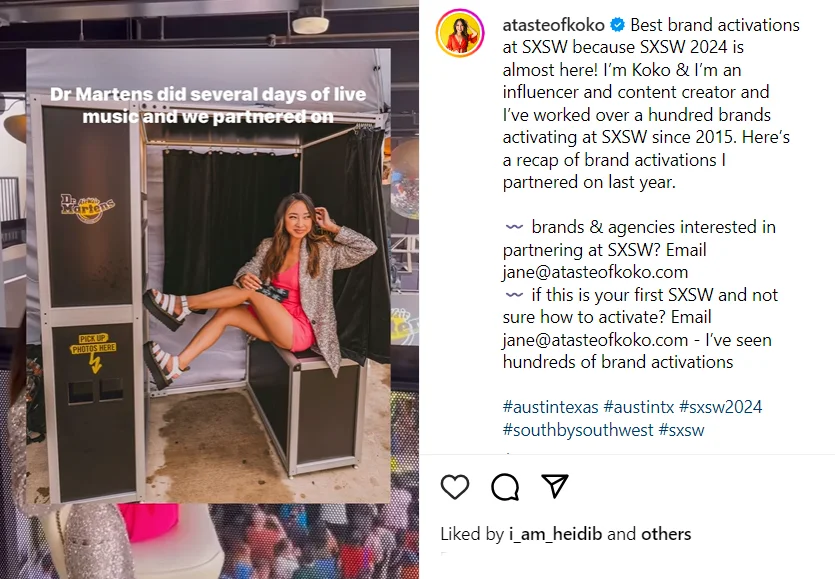 Dr Martens brand collab with atasteofkoko at SXSW | Instagram outreach post | Influencer marketing