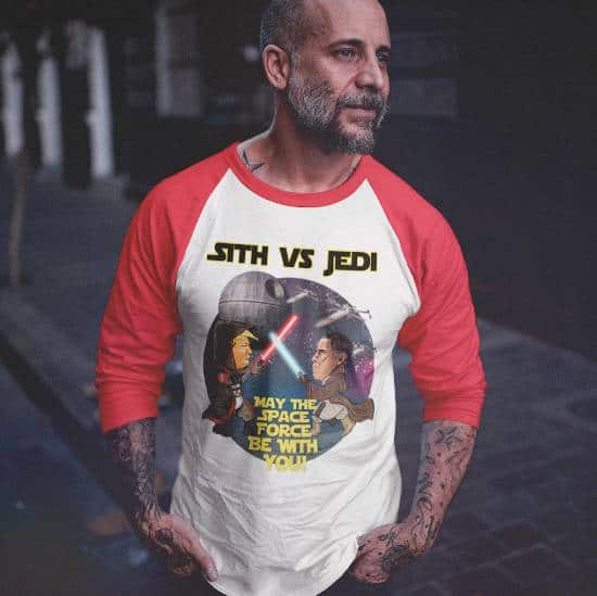 Male model in Sith vs Jedi T-shirt | Boss Baby Trump
