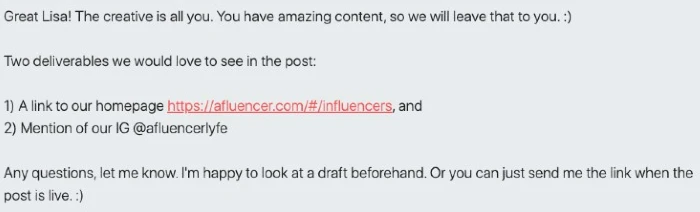 Influencer onboarding message with deliverables listed