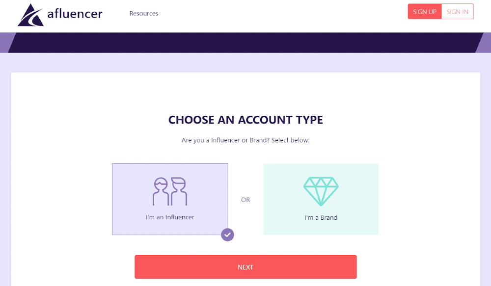 Selecting an account type for Afluencer collabs - Brand or influencer