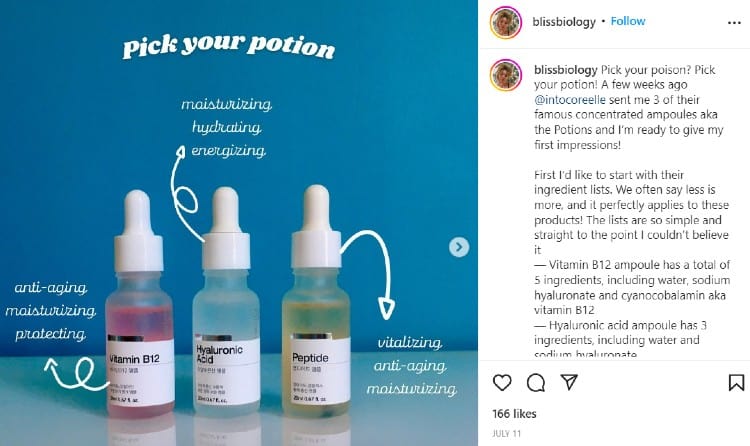 Coreelle collab post with blissbiology on IG