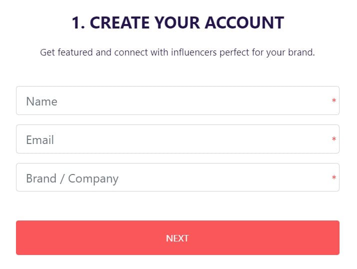 Sign up form for Afluencer brands