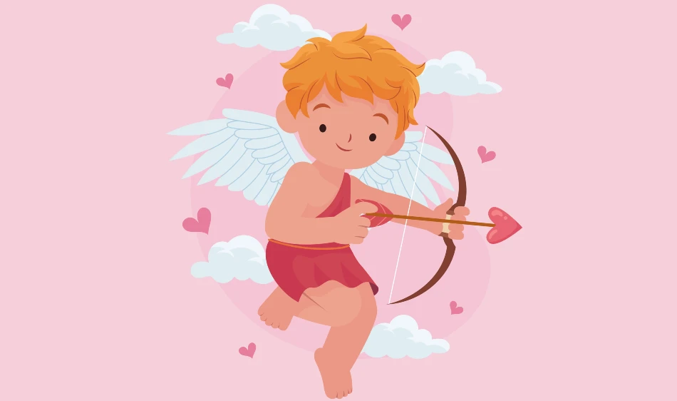 Illustrated cupid in the clouds, pink sky