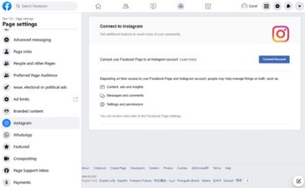 Facebook page settings | Connect to Instagram