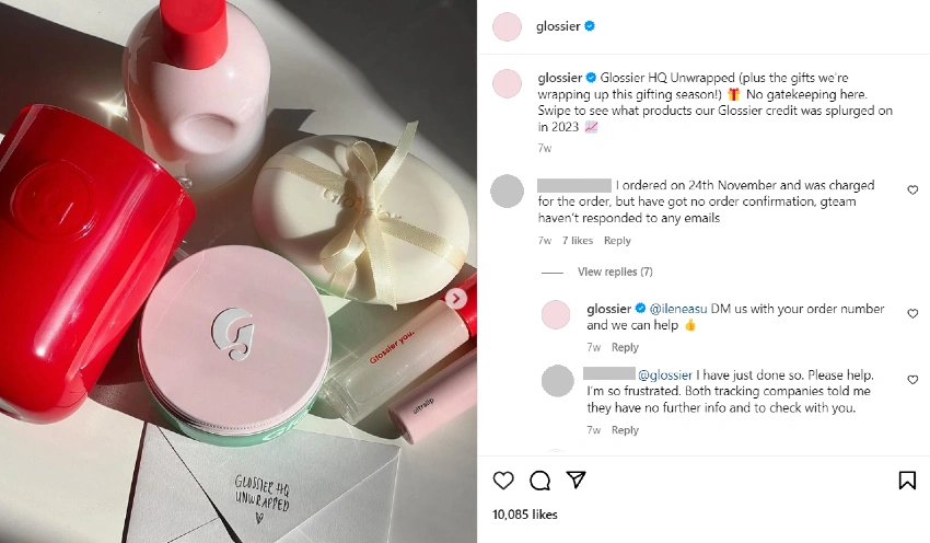 Glossier IG - unhappy customers comments | Social media risk management