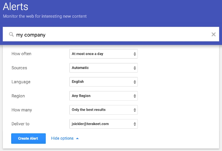 Google Alerts | Settings | Monitoring online mentions