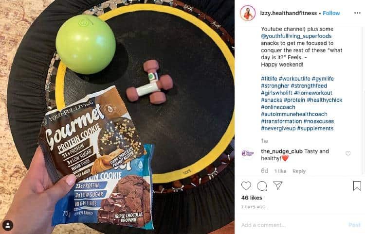 Izzy Health & Fitness IG | Trampoline with dumbbells and gourmet protein cookies