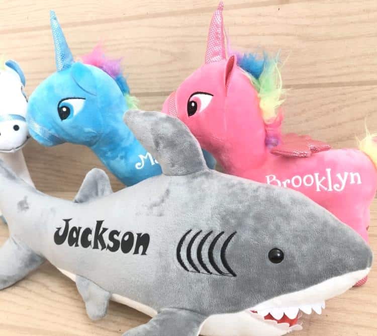 Jane children's boutique | Stuffed unicorns and shark with personalized names