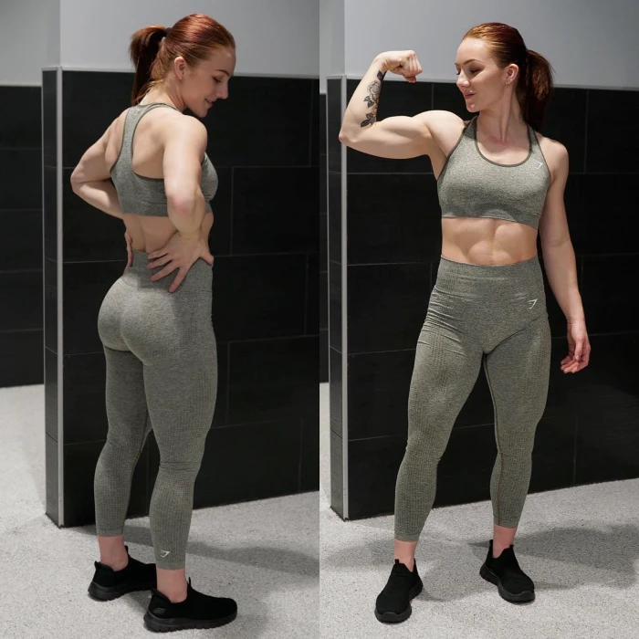 Kryss Desandre after workout flexing in two-piece gymwear | Female fitness influencers