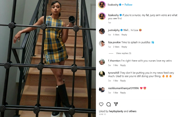 Liza Koshy in short yellow checkered dress alongside Instagram comments | Influencer career guide
