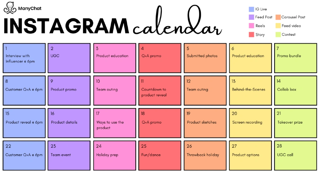 Example of an Instagram Calendar by ManyChat
