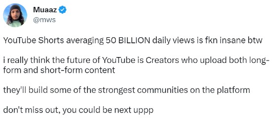 Muaaz tweets about the future of YouTube | Creators making long and short form content