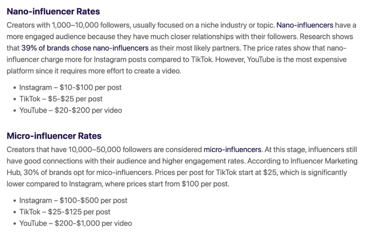 Comparing nano and micro-influencer rates