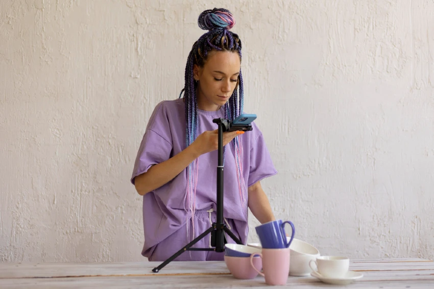 Woman in purple taking pictures of plates and mugs for client's e-commerce shop