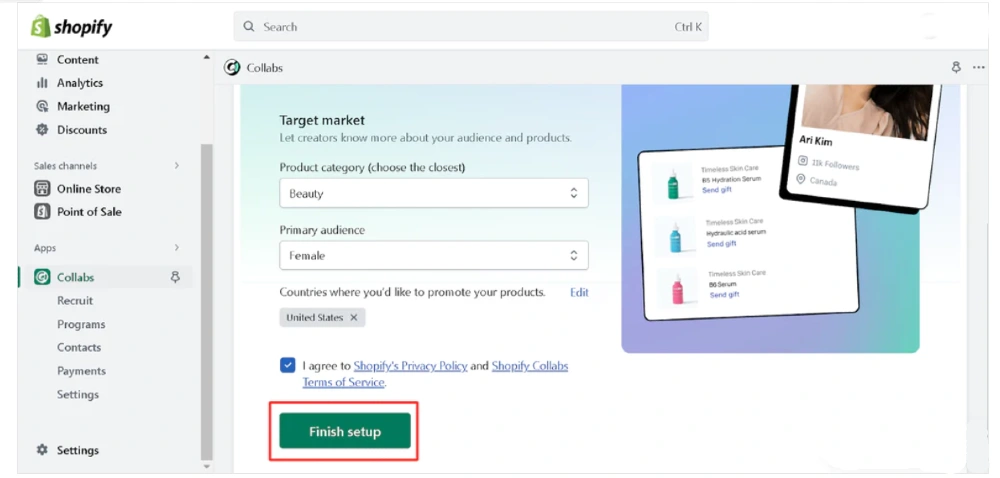 Target market setup for Shopify Collabs | App preview