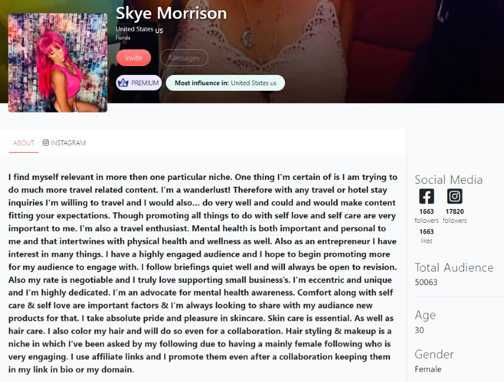 Skye Morrison on Afluencer | Afluencer bio | Influencer Collab Rates