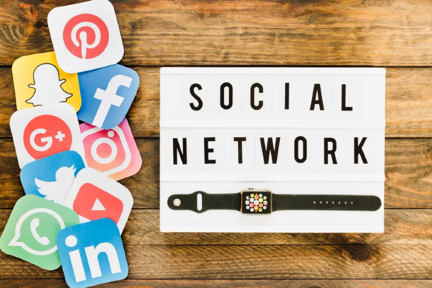 Banner with icons and smart watch depicting social media network
