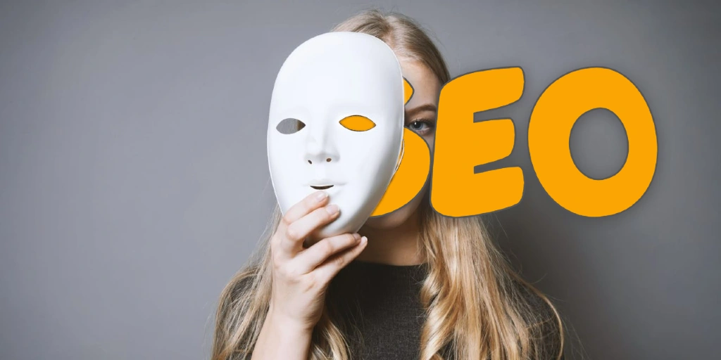 Woman taking off white mask to reveal orange SEO text