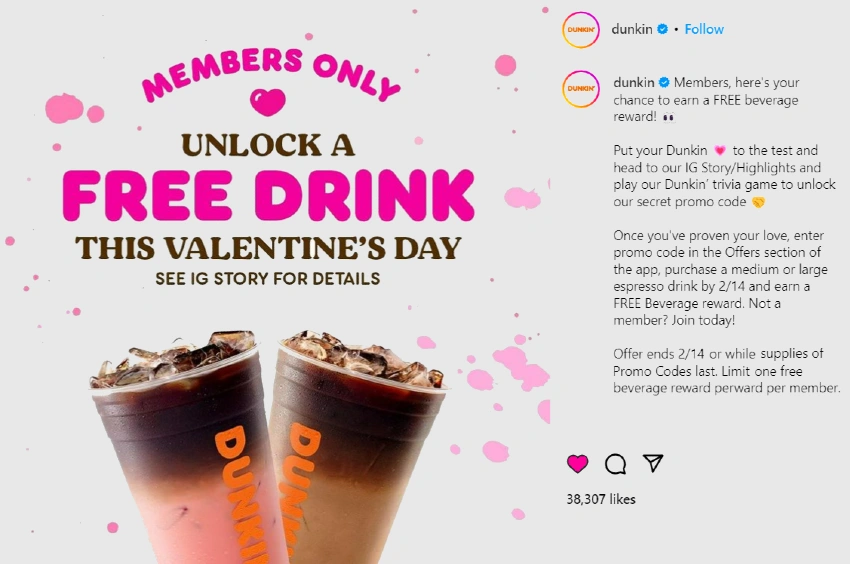 Dunkin Donuts free drinks promo for Valentine's Day | Instagram content ideas